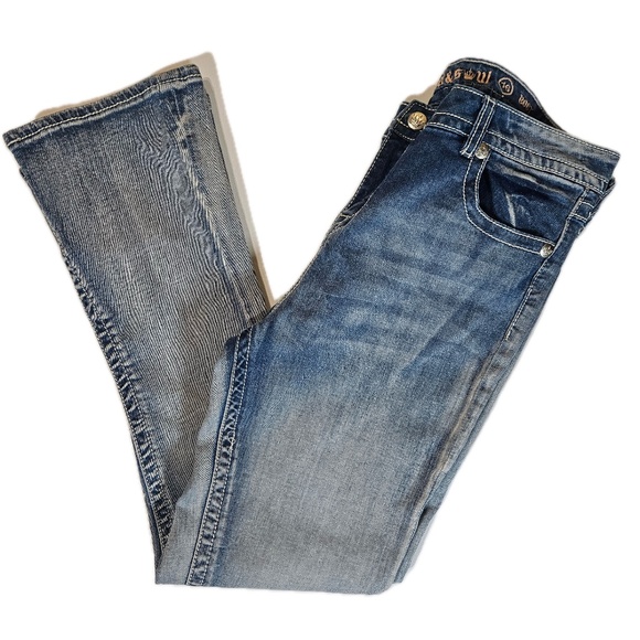 Rebel Soul Jeans Womens 16 Blue Bootcut Fleur De Lis Embroidered Pockets Denim - Picture 1 of 8